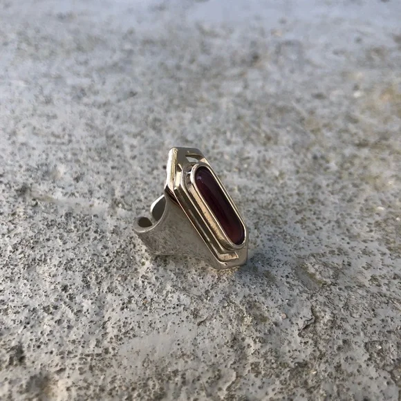 Silver Elongated Hexagon Ring with Peach Stone - Picture 11 of 15